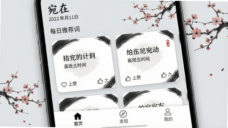 主体:一张智能手机屏幕截图,显示宛在APP的首页。布局:顶部有“宛在”字样及日期,中部为每日推荐诗词卡片,底部是导航栏(首页、发现、我的)。排版:卡片式布局,每张卡片包含诗句、出处和点赞数。风格:古风淡雅,背景为浅灰底,配以梅花水墨元素。细节:卡片边缘有毛笔笔触效果,文字清晰,无多余元素。画质:高清,干净。