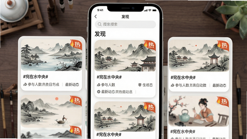 主体:宛在APP的“发现”页面,展示热门讨论话题。布局:顶部搜索栏,中部话题卡片列表,每张卡片包含话题封面(水墨画)、参与人数和最新动态。排版:瀑布流布局,卡片圆角。风格:现代与古典混搭,色彩柔和。细节:卡片右上角有“热”字标签。画质:高清,干净。文字显示“#宛在水中央#”等话题。
