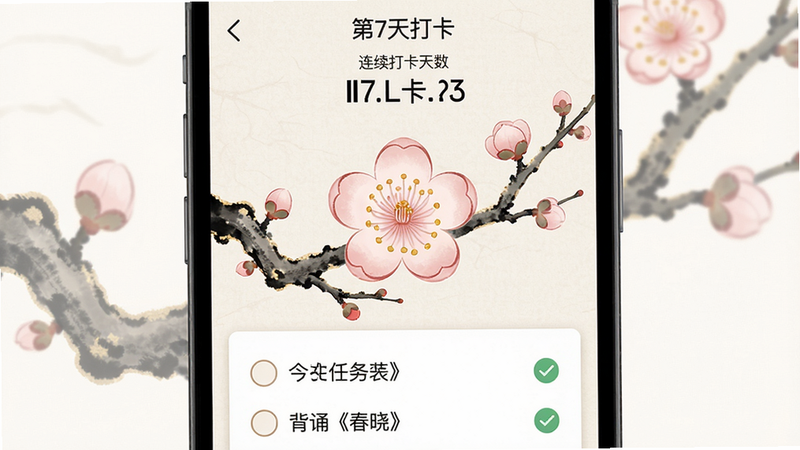 主体:宛在APP的“打卡”界面。布局:顶部显示连续打卡天数,中部为一朵未点亮的梅花,下方是今日任务列表。排版:居中对称,梅花占据视觉中心。风格:国风插画,梅花枝干苍劲,花瓣淡粉。细节:任务项前有圆形复选框,已完成项打勾。画质:高清,干净。文字显示“第7天打卡”及“背诵《春晓》”。