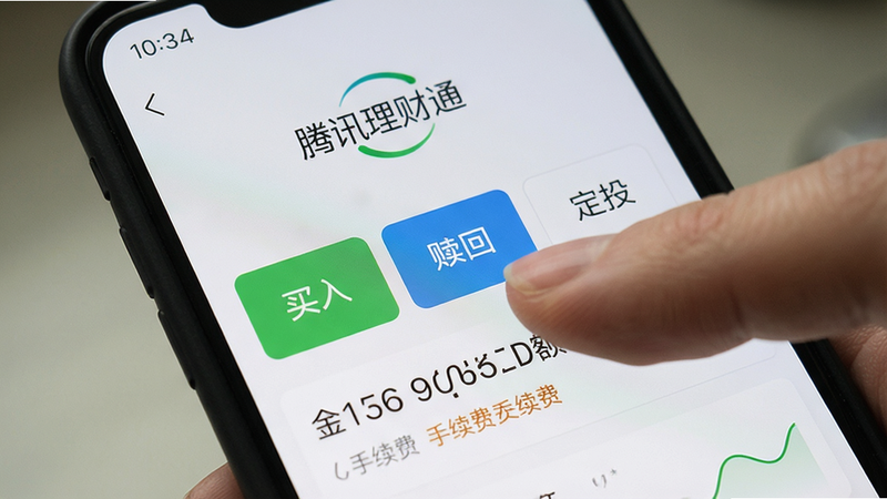 主体:腾讯理财通交易操作界面,显示“买入”“赎回”“定投”三个按钮,背景为手机屏幕实拍,手指点击“买入”,布局中心突出,风格真实生活化,细节有余额数字和手续费提示,画质细腻。