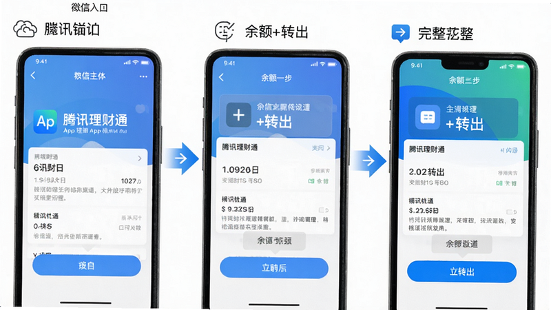 主体:腾讯理财通APP操作步骤截图,展示从微信入口到余额+转出的完整流程,布局分步箭头引导,风格教程化,细节包含每一步的按钮高亮和提示文字,画质清晰,干净无多余元素。