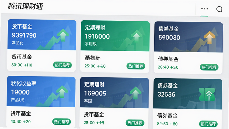 主体:腾讯理财通产品列表页,展示多款理财产品卡片(货币基金、定期理财、债券基金),每个卡片显示年化收益率和产品名称,布局网格排版,风格清新简洁,细节有绿色上涨箭头和“热门推荐”标签,画质高清。