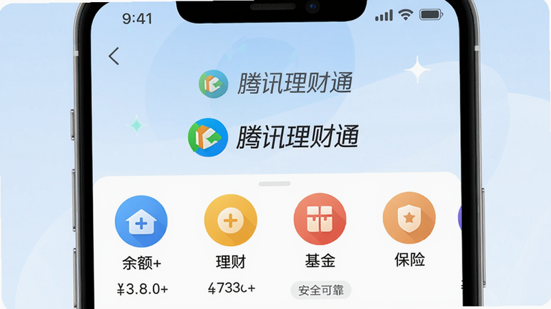 主体:腾讯理财通APP界面截图,背景为淡蓝色渐变,中央展示“腾讯理财通”logo及核心功能图标(余额+、理财、基金、保险),布局简洁扁平,风格科技感和亲和力并存,细节包含收益率数字和“安全可靠”字样,画质高清,干净无多余元素。