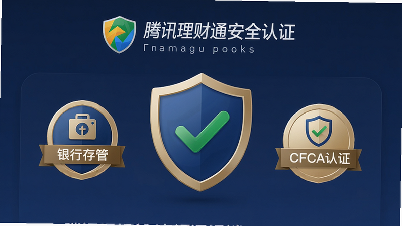 主体:腾讯理财通安全认证界面,显示“银行存管”“CFCA认证”等徽章,布局居中排版,风格正式严肃,细节有盾牌图标和绿色安全勾,画质清晰,干净无多余元素。