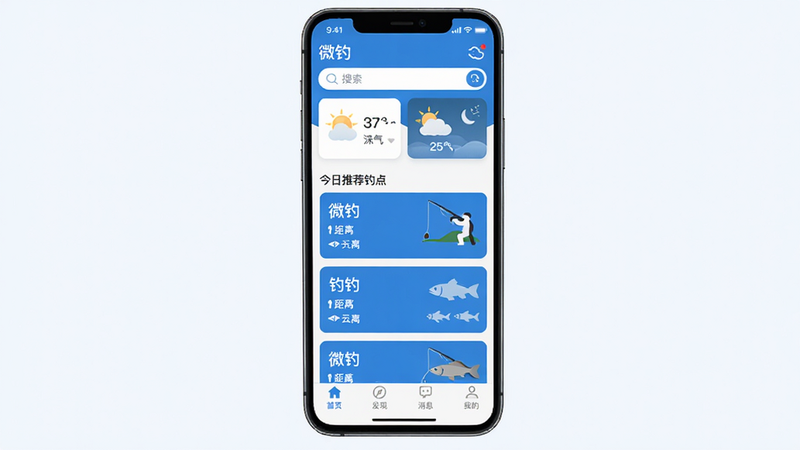 微钓APP主界面预览图,手机竖屏显示,顶部状态栏,下方为搜索框和天气卡片,中间区域为钓点推荐列表,每个卡片包含钓点名称、距离、鱼种图标,底部导航栏为“首页、发现、消息、我的”,整体采用蓝白配色,现代扁平风格,高清画质,干净简洁,无多余元素。文字显示“微钓”和“今日推荐钓点”。