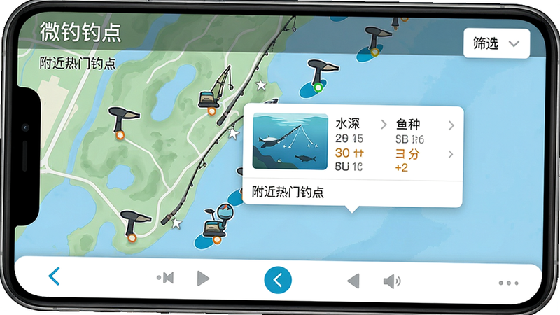 微钓钓点地图页面,展示手机屏幕上地图视图,标注多个钓点图标,点击后弹出详情窗显示水深、鱼种、评分。右上角有筛选按钮,底部有导航按钮。风格清晰,地图色彩自然,图标醒目,高清画质,干净无多余UI干扰。文字显示“微钓钓点”和“附近热门钓点”。