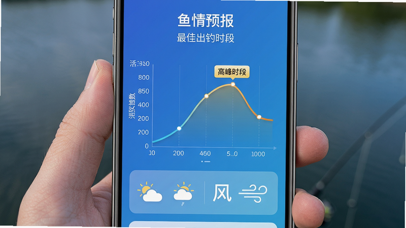 微钓鱼情预报界面,手机屏幕显示鱼情曲线图,横轴为时间,纵轴为活跃指数,图中标注高峰时段。下方有天气图标和风力风向。整体背景为蓝色渐变,卡片设计,数据清晰,画质高清,干净简洁。文字显示“鱼情预报”和“最佳出钓时段”。