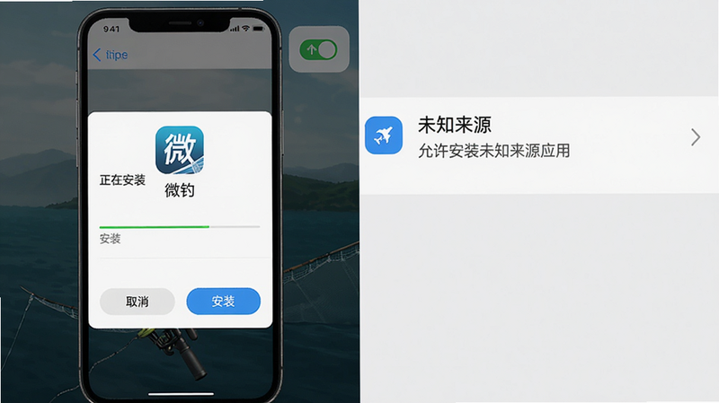 微钓APP安装过程截图,手机屏幕显示安装界面,中间有应用名称“微钓”和安装进度条,下方有“取消”和“安装”按钮,背景为系统设置中“未知来源”开启提示,整体简洁清晰,画质高清,无多余元素。文字显示“正在安装微钓”和“允许安装未知来源应用”。