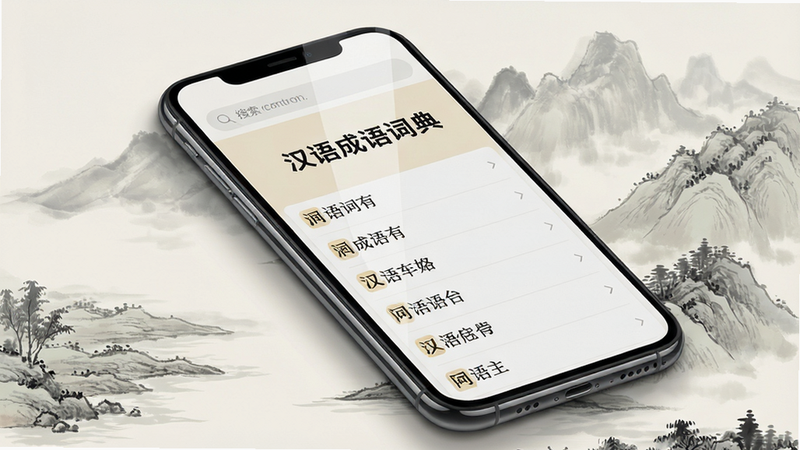 主体为一部打开的智能手机屏幕,屏幕中央显示“汉语成语词典”应用界面,背景为淡雅的中国风水墨山水画。布局采用居中构图,手机略微倾斜,屏幕内容清晰可见:搜索框位于顶部,下方列出示例成语条目。风格为写实产品渲染图,光线柔和,细节包括屏幕反光与阴影。画质为4K高清,干净无多余元素。