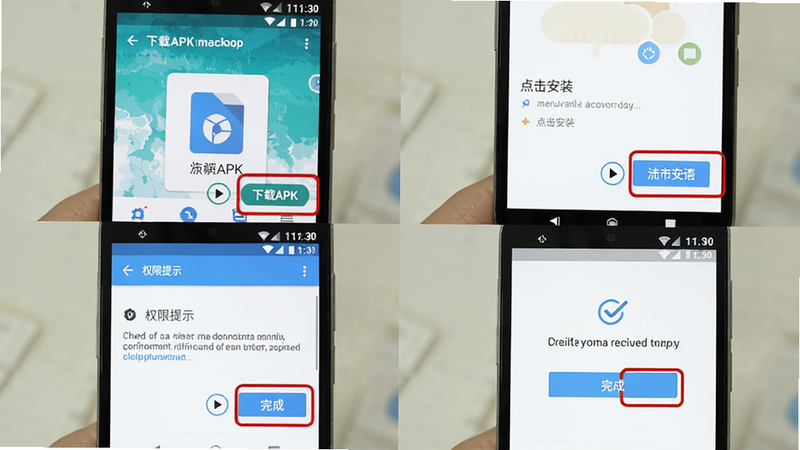 主体为一部安卓手机安装汉语成语词典的步骤截图:依次展示“下载APK”“点击安装”“权限提示”“完成”四个画面。布局为四格拼接图,风格为清新教程风。细节包括红框标注重点按钮。画质清晰,无多余元素。