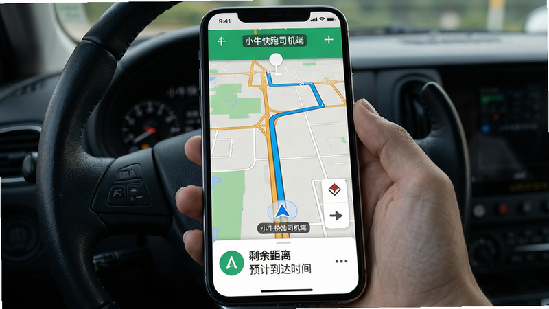 手机屏幕显示导航界面,主体为地图路线和导航指示,布局地图全屏,底部有导航卡片,排版简洁,风格真实地图,细节包含路线颜色、剩余距离、预计到达时间,画质高清,干净无多余元素,地图上有