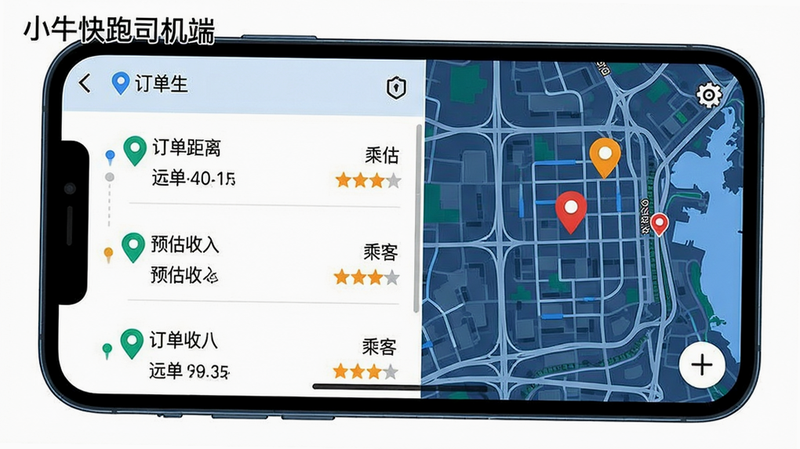 手机屏幕展示智能派单界面,主体为订单列表和地图标记,布局左侧订单列表右侧地图,排版清晰,风格实用,细节包含订单距离、预估收入、乘客评分,画质高清,干净无多余元素,左上角有