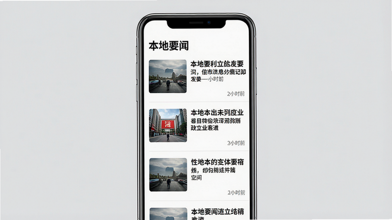 主体:手机屏幕显示新闻列表页面,标题为“本地要闻”,每条新闻配有缩略图和发布时间。布局:竖屏手机,背景为浅灰色。风格:信息流式列表,字体清晰。细节:新闻标题加粗,日期显示在右下方。画质:高分辨率,无多余元素。
