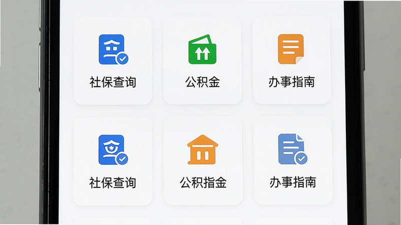 主体:手机屏幕显示政务服务页面,有“社保查询”“公积金”“办事指南”等图标按钮。布局:九宫格图标排列,背景白色。风格:简洁卡片式设计。细节:每个图标下方有中文文字说明。画质:清晰明亮,干净整洁。