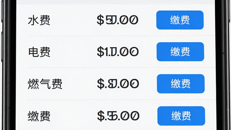 主体:手机屏幕显示生活缴费页面,有“水费”“电费”“燃气费”等条目,每个条目有金额和缴费按钮。布局:列表形式,每行一个项目。风格:实用型UI,强调按钮。细节:金额数字清晰,按钮为蓝色。画质:高清无噪点。