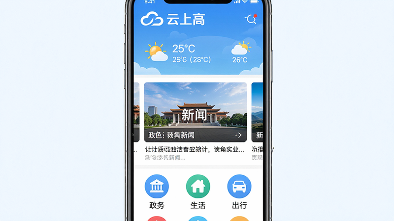 主体:手机屏幕展示云上高APP首页,上方显示“云上高”Logo和天气预报,中间是新闻轮播图,下方有“政务”“生活”“出行”等图标布局。排版:竖屏手机居中,背景简洁。风格:扁平化UI设计,色彩清新明亮,以蓝色和白色为主。细节:图标上有中文标签,新闻图片清晰。画质:4K高清,干净无多余元素。
