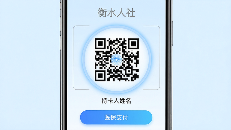 主体:手机屏幕显示医保电子凭证二维码页面,上方有“衡水人社”水印,中间为动态二维码,下方显示持卡人姓名和“医保支付”按钮;布局:手机竖屏,背景为浅蓝色,二维码居中;排版:二维码占比50%,四周有安全边距;风格:支付类UI设计,简洁安全;细节:二维码周围有光晕特效,按钮为渐变蓝色;画质:写实渲染,干净无冗余元素。