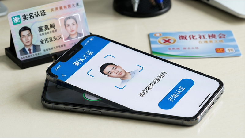 主体:一部手机正在运行衡水人社app,显示“实名认证”界面,摄像头区域有面部捕捉框;布局:手机横屏展示,背景为办公桌环境,有身份证和社保卡摆件;排版:手机屏幕内显示“请将面部对准框内”提示,底部有“开始认证”按钮;风格:实拍风格,自然光线;细节:手机边缘有反光,身份证上的名字隐约可见;画质:超高清,干净无杂乱元素。