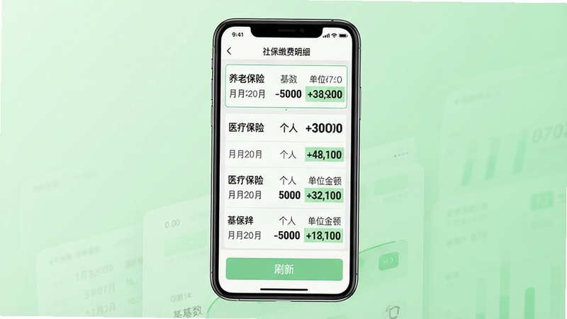主体:手机屏幕显示社保缴费明细页面,列表展示“养老保险”、“医疗保险”等条目,每行包含缴费月份、基数、个人和单位缴纳金额;布局:手机居中,背景为淡绿色渐变,手机屏幕占画面70%;排版:列表条目清晰,数字加粗显示,底部有“刷新”按钮;风格:数据仪表盘风格,商务简约;细节:金额数字用绿色高亮,表格边框细线;画质:高清渲染,干净无干扰元素。