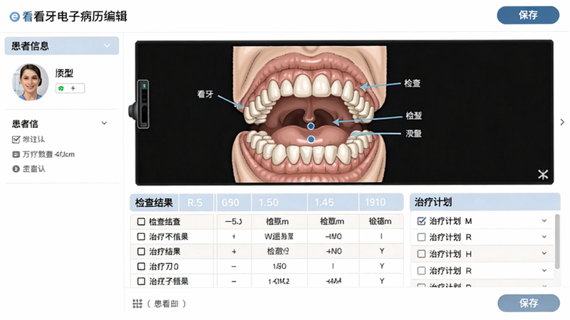e看牙电子病历编辑页面,包含口腔图示标注、检查结果表格、治疗计划列表,左侧患者信息栏,右侧保存按钮,医疗风格,干净,画质清晰