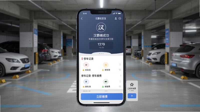 汉爵促销宝停车缴费功能界面,手机屏幕显示车牌绑定成功页面,下方有停车记录列表和立即缴费按钮,背景为停车场实景,简洁清晰,画质细腻