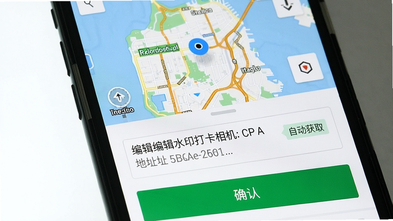 一张手机屏幕截图,显示编辑水印打卡相机的定位成功界面,主体为地图缩略图和详细地址文字,布局上方为地图,下方为地址框和确认按钮,排版清晰,风格偏实用,细节包括地图上的蓝色定位点和地址旁的“自动获取”标签,画质高,背景白色。