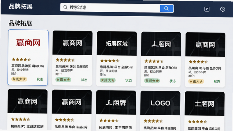 主体:赢商网品牌拓展页面,布局:上方搜索过滤栏,下方品牌卡片网格排列,每个卡片展示品牌LOGO、简介、拓展区域。排版:网格布局,整齐美观,风格:清新商务,细节:星级评分和状态标签,画质:高清,干净,文字标注“品牌拓展”字样。