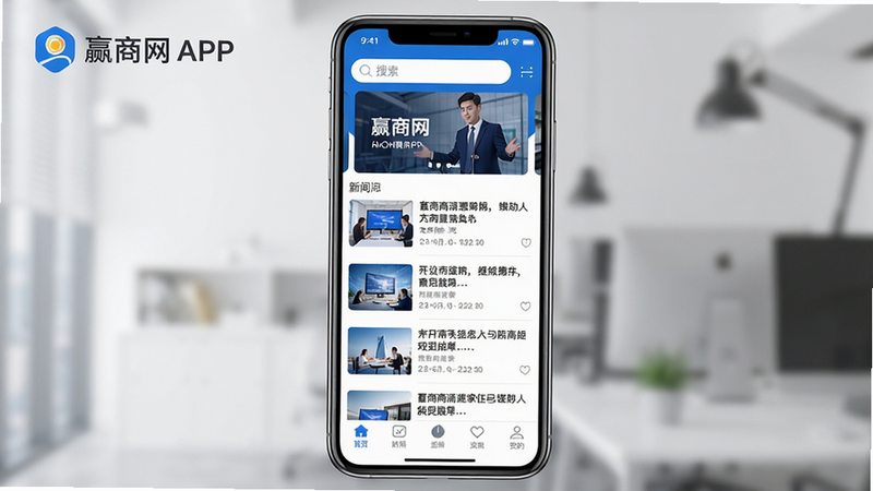 主体:赢商网APP界面展示,布局:手机屏幕居中显示,上方是搜索栏和轮播图,中间是新闻资讯列表,底部有导航栏。排版:清晰的信息流布局,图文并茂,风格:现代简约,商务蓝白配色,细节:每条资讯带缩略图与标题,画质:高清,干净,无多余元素,文字标注“赢商网”LOGO。