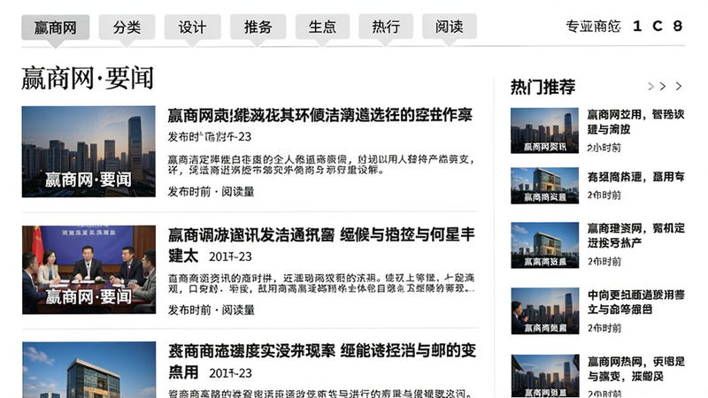 主体:赢商网资讯频道,布局:上方分类标签,中间文章列表含缩略图和摘要,右侧热门推荐。排版:杂志风格,留白充分,风格:专业新闻纸媒感,细节:文章标题加粗,发布时间和阅读量,画质:清晰,文字标注“赢商网要闻”。