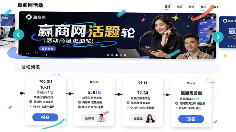 主体:赢商网活动页面,布局:活动海报轮播,下方活动列表带日期、地点、报名按钮。排版:卡片式时间线,风格:活泼商务,细节:活动主题突出,画质:高清,文字标注“赢商网活动”。