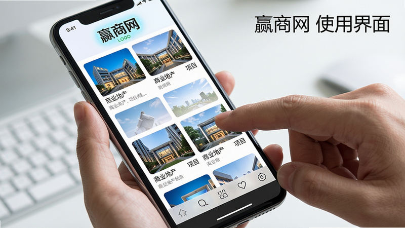 主体:赢商网APP使用场景,用户手指滑动屏幕查看商业地产项目列表,布局:手机全屏展示,下方有虚拟导航键,排版:清新,风格:真实使用场景,细节:界面高亮显示“赢商网”LOGO和项目卡片,画质:高清,干净无多余元素,文字标注“赢商网 使用界面”。