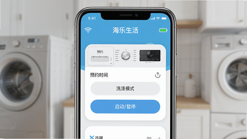 主体为一部智能手机屏幕显示海乐生活app主界面,布局中央是洗衣机控制面板,配有“预约时间”、“洗涤模式”、“启动/暂停”按钮,风格简洁现代,细节处有WiFi信号图标和电量指示,画质高清,干净无多余元素,屏幕上文字显示“海乐生活”。