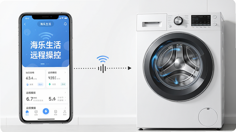 主体为手机远程控制洗衣机的场景,布局左侧显示手机app界面,右侧为真实洗衣机,中间用虚线连接表示远程指令传输,风格写实,细节有洗衣机滚筒转动动画示意,画质清晰,干净无多余元素,手机屏幕文字显示“海乐生活 远程操控”。