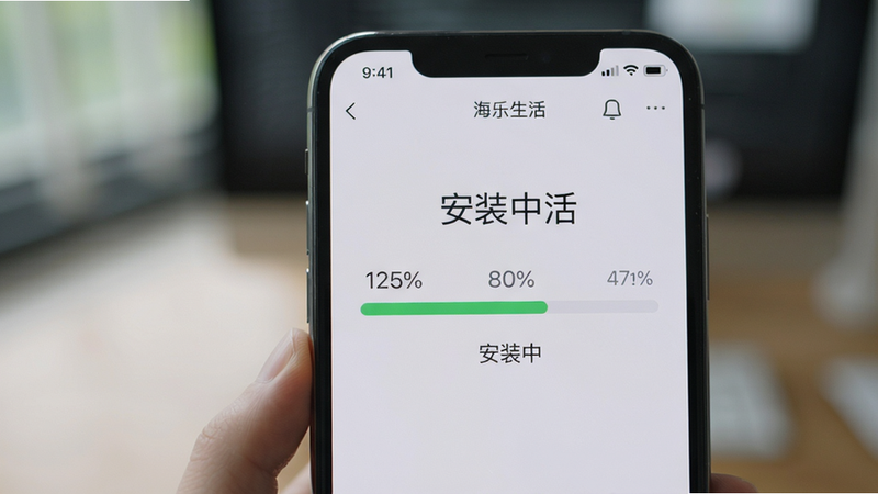 主体为手机屏幕显示海乐生活app安装进度条,布局简洁,背景模糊处理,风格写实,细节有进度百分比和“安装中”字样,画质干净,无多余元素。