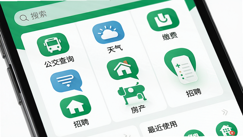 主体为手机屏幕展示生活服务功能网格,图标包括