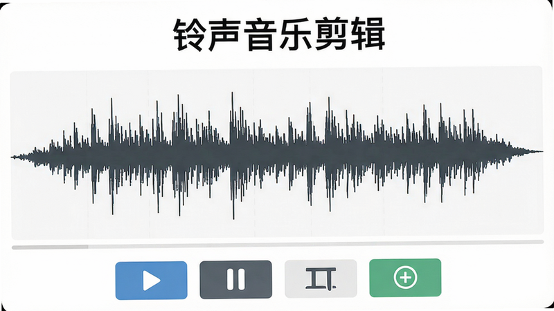 展示铃声音乐剪辑软件主界面,中央为音频波形图,底部有播放、暂停、裁剪、保存等按钮,背景白色,界面简洁,文字“铃声音乐剪辑”位于顶部,整体风格现代扁平
