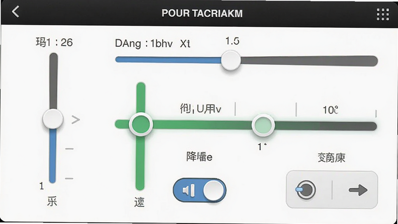 铃声音乐剪辑的音效设置界面,显示淡入淡出滑块、音量条、降噪开关、变速选项,界面清晰,按钮图标直观,整体风格统一