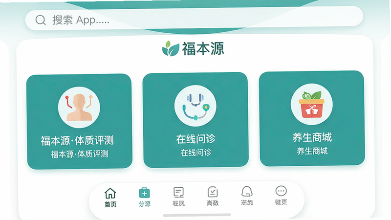 主体:福本源App首页界面截图,布局:顶部搜索栏与“福本源”品牌Logo,中部展示“体质评测”、“在线问诊”、“养生商城”三大核心功能图标,底部为导航栏;排版:卡片式布局,留白充足;风格:扁平化设计,主色调为青绿色与白色,传达自然健康感;细节:功能图标旁配有文字“福本源体质评测”等字样,界面干净无多余元素;画质:高清1080p,色彩柔和,无多余元素