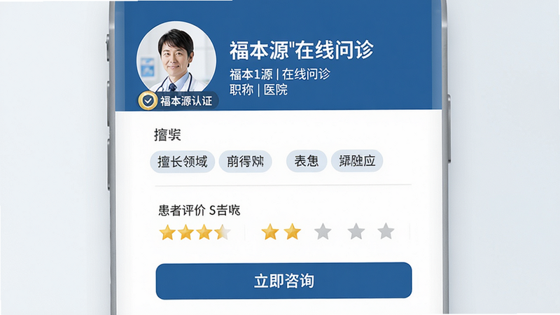 主体:福本源“在线问诊”医生详情页,布局:顶部显示医生头像、姓名、职称与医院,中部展示擅长领域标签与患者评价星级,底部“立即咨询”按钮;排版:左右结构,信息层级分明;风格:稳重专业,使用蓝色与白色;细节:医生头像旁有“福本源认证”标识,评价部分带星星图标;画质:高清无噪点,干净无多余元素