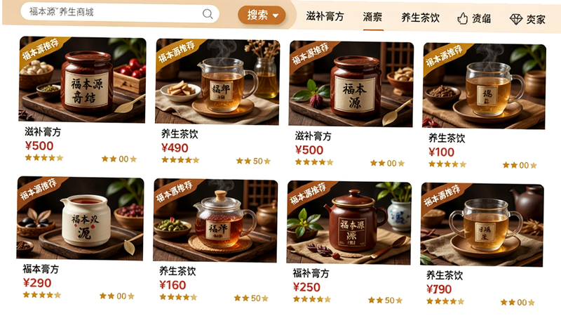 主体:福本源“养生商城”商品列表页,布局:顶部搜索栏与分类导航(如“滋补膏方”、“养生茶饮”),中部以网格排列商品卡片,包含图片、名称、价格与评价;排版:两列网格,间距均匀;风格:电商化清新风格,暖色调;细节:商品图片上角有“福本源推荐”角标;画质:高分辨率,商品细节清晰,背景洁白无干扰元素