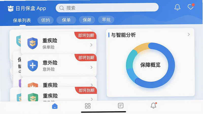 主体:日月保盒App的主界面,展示保单列表与智能分析卡片。布局:中央为分屏设计,左侧保单卡片堆叠,右侧为保障概览环形图。排版:信息层级清晰,顶部搜索栏与分类标签,底部导航栏。风格:扁平化UI,蓝白主色调,柔和阴影。细节:保单卡片上显示“重疾险”“意外险”图标,右上角有“即将到期”红色角标。画质:高清,干净无多余元素,屏幕比例16:9。