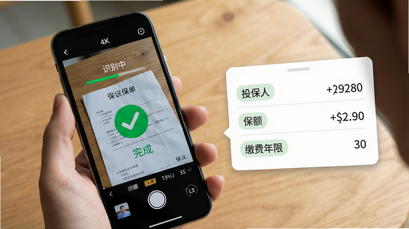 主体:手机屏幕显示拍摄保单的过程,屏幕上有一个绿色的对勾表示识别成功。布局:左侧手机持握,右侧弹出识别结果卡片,包含“投保人”“保额”“缴费年限”字段。排版:卡片式布局,字段以标签+值形式排列。风格:真实拍摄感,自然光,手部干净。细节:手机摄像头对准一张纸质保单,屏幕上有“识别中”进度条转为“完成”。画质:4K清晰,背景为木质桌面,无多余物品。