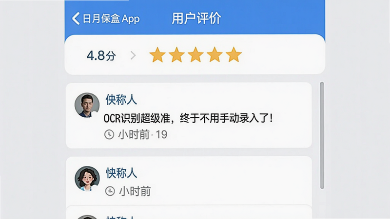 主体:日月保盒App内“用户评价”页面,展示五星好评和文字评论。布局:顶部评分总览(4.8分),下方为滚动评论列表,每条包含用户头像、昵称、时间。排版:卡片式,评论文字左对齐。风格:真实应用商店风格,蓝白配色。细节:第一条评论内容“OCR识别超级准,终于不用手动录入了!”画质:清晰,无多余元素,背景淡灰。