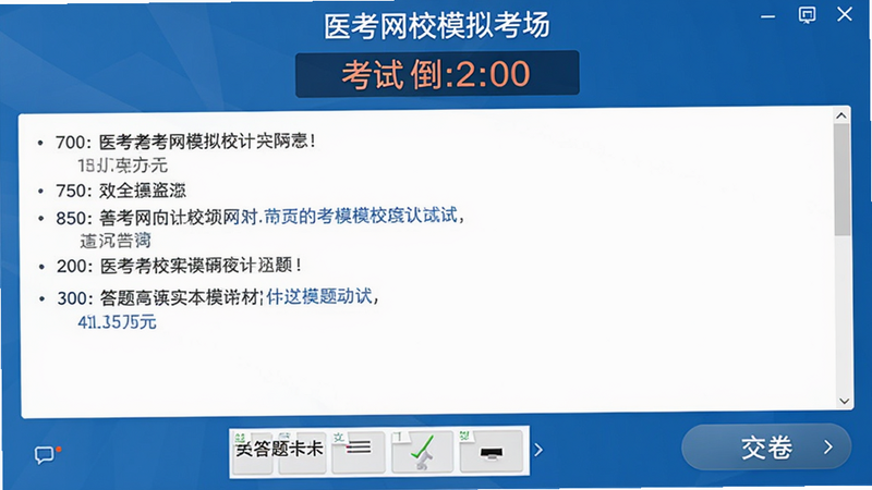 医考网校模拟考场界面,显示考试倒计时,题目区域,底部有答题卡和交卷按钮,整体风格仿真实考场,蓝色主题,简洁专业。