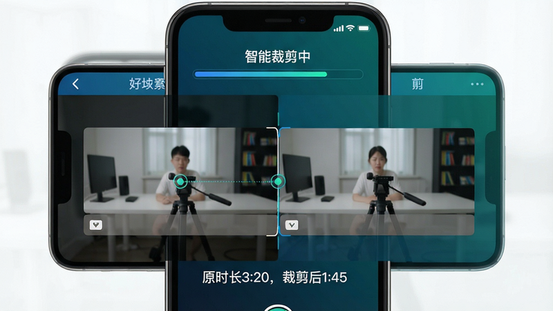 主体:好球剪辑智能剪辑功能演示,手机屏幕上显示自动裁剪后的视频片段,布局:左右分屏,左侧为原始素材,右侧为裁剪结果,排版:顶部有“智能裁剪中”进度条,底部显示“原时长3:20,裁剪后1:45”对比文字,风格:科技感UI,蓝绿色调,细节:关键帧标记为小圆点,静音段以灰色阴影标注,画质:高清,干净无多余元素。