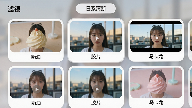 主体:好球剪辑滤镜选择界面,展示多款滤镜缩略图,布局:网格排列,每行3个滤镜方块,排版:顶部有“滤镜”分类标签,当前选中“日系清新”滤镜,预览窗中显示应用后的视频效果,风格:卡片式设计,圆角矩形,细节:每个滤镜缩略图下方有名称,如“奶油”“胶片”“马卡龙”,画质:超清,无多余文字干扰。