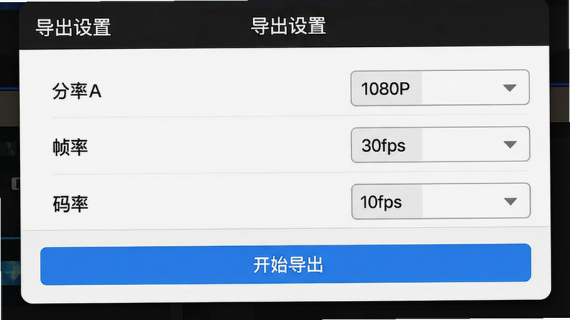 主体:好球剪辑导出设置界面,显示分辨率、帧率、码率三个选项,布局:垂直列表,每个选项右侧有下拉菜单,排版:顶部有“导出设置”标题,底部有“开始导出”按钮(蓝色),风格:简洁卡片式,细节:当前分辨率选中“1080P”,帧率“30fps”,画质:超清,无多余元素。