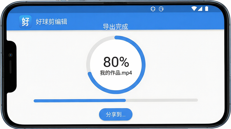 主体:好球剪辑在安卓手机上运行界面,显示正在导出视频的进度条,布局:屏幕中央有圆形进度指示器,周围有“导出完成”通知,排版:顶部状态栏显示“好球剪辑”应用图标,底部有“分享到…”按钮,风格:Material Design风格,蓝白配色,细节:进度百分比数字,导出文件名为“我的作品.mp4”,画质:4K,干净。