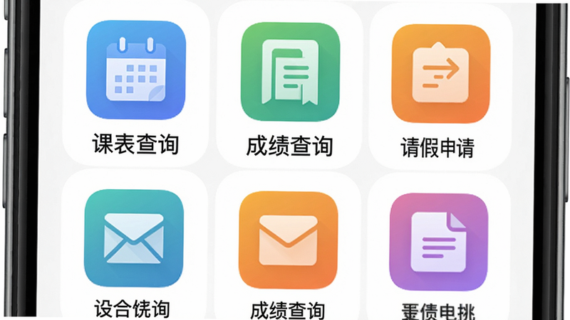 主体为手机屏幕展示一站式服务功能网格,布局整齐,每个格子有不同颜色的图标和中文文字,如‘课表查询’(蓝色图标)、‘成绩查询’(绿色图标)、‘请假申请’(橙色图标),背景白色,风格扁平化,细节中图标为渐变色彩,画质高清,无多余元素。