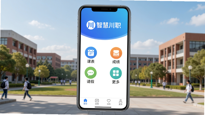 主体为手机屏幕展示智慧川职主界面,布局居中,顶部有蓝色渐变背景上的白色‘智慧川职’logo,下方排列彩色圆形功能图标,包括课表、成绩、请假、消息、更多等,底部有导航栏,整体风格清新简洁,背景为校园风景照片,画质4K高清,干净整洁。